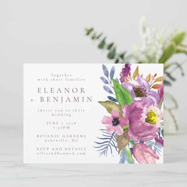Purple Garden Floral Minimalist All In One Wedding Invitation (Standing Front)