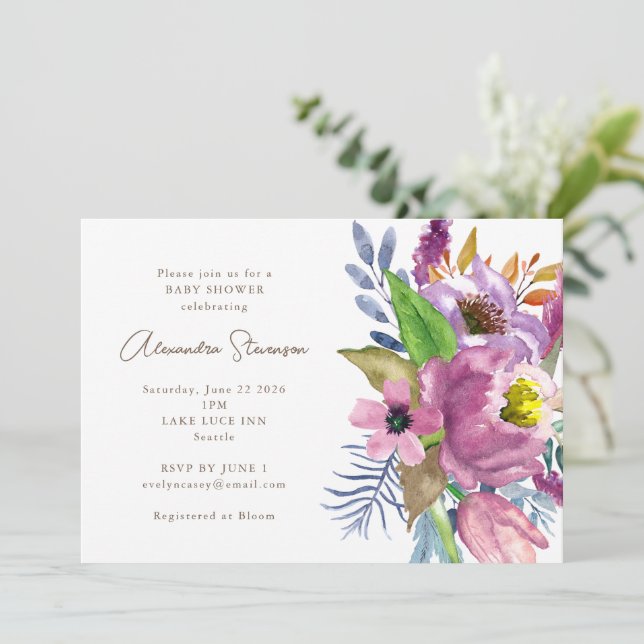 Purple Garden Floral Minimalist Baby Shower Invitation (Standing Front)