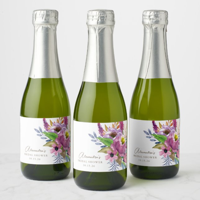 Purple Garden Floral Minimalist Custom Shower  Sparkling Wine Label (Bottles)