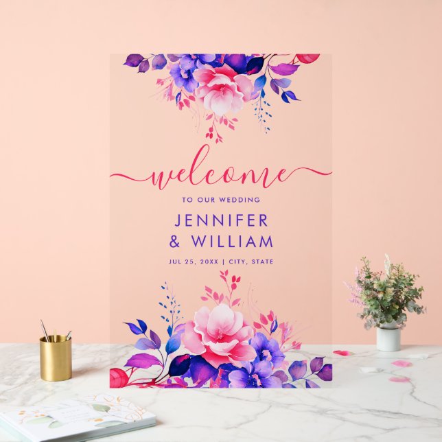 Purple Garden Floral Script Wedding Welcome Acrylic Sign (Wedding)