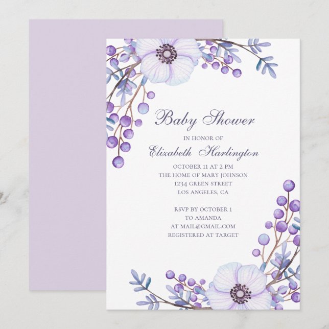 Purple garden flowers. Violet floral baby shower Invitation (Front/Back)