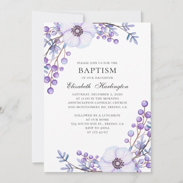 Purple garden flowers. Violet floral baptism Invitation (Front)
