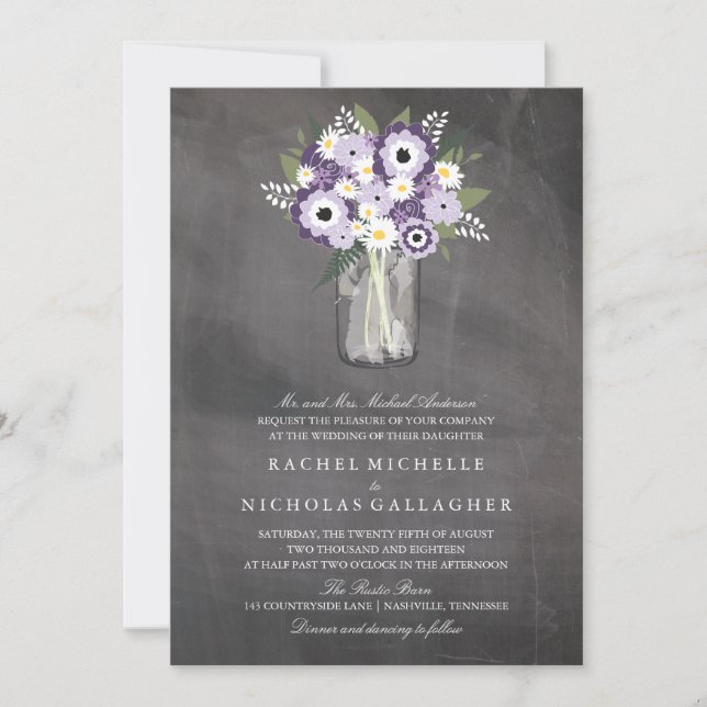 Purple Garden Mason Jar Chalkboard | Wedding Invitation (Front)