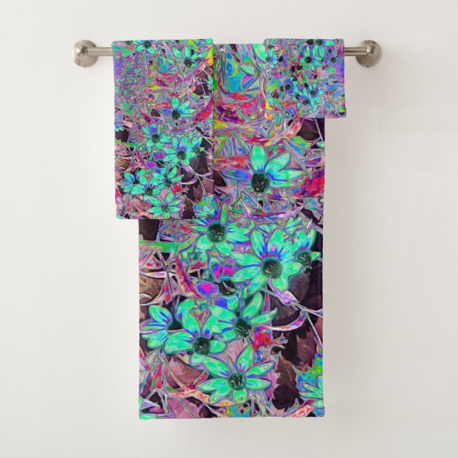 Purple Garden with Psychedelic Aquamarine Flowers Bath Towel Set (Insitu)