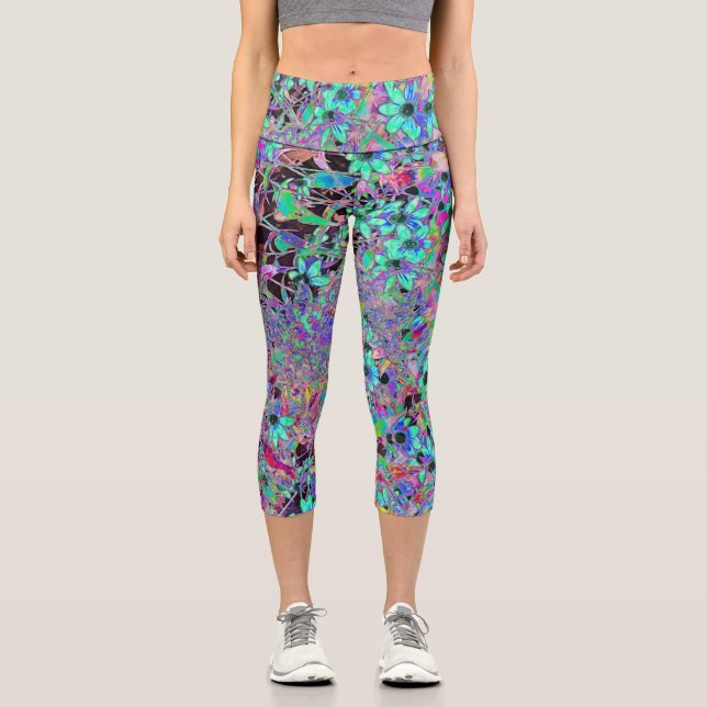 Purple Garden with Psychedelic Aquamarine Flowers Capri Leggings (Front)