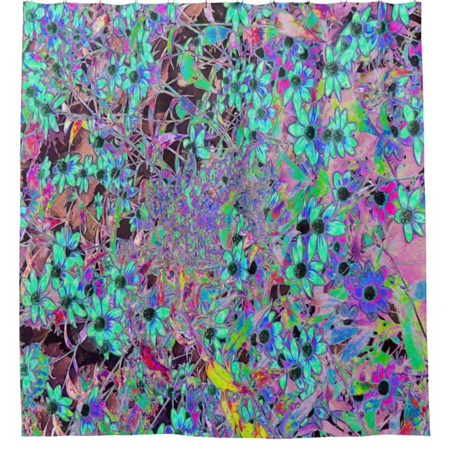 Purple Garden with Psychedelic Aquamarine Flowers Shower Curtain (Front)