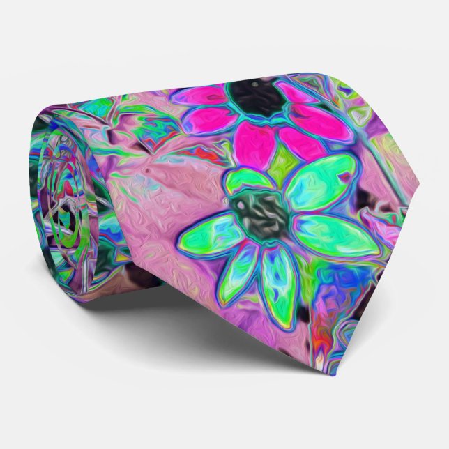 Purple Garden with Psychedelic Aquamarine Flowers Tie (Rolled)