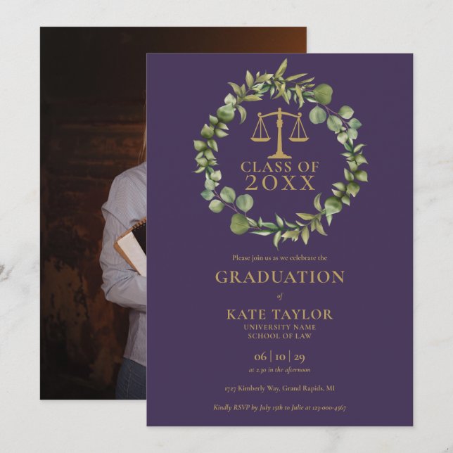 Purple Garland Photo Law School Graduation Party I Invitation (Front/Back)