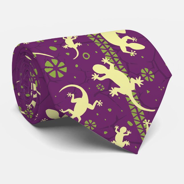 Purple Gecko Lizard Cactus Print Tie (Rolled)