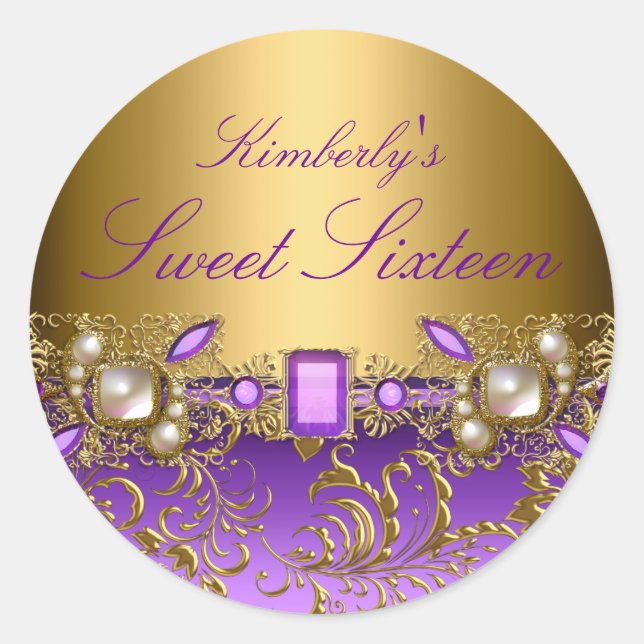 Purple Gem & Pearls Sweet Sixteen Sticker (Front)