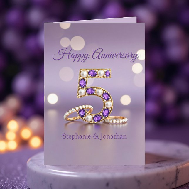 Purple Gemstone and Pearls 5th Wedding Anniversary Card (Creator Uploaded)