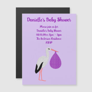 Purple gender neutral Baby Stork Baby Shower Magnetic Invitation