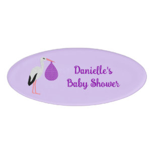 Purple gender neutral Baby Stork Baby Shower Name Tag