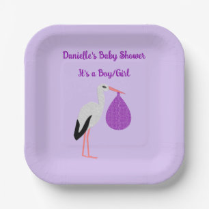Purple gender neutral Baby Stork Baby Shower Paper Plate