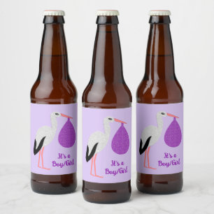 Purple gender neutral Baby Stork Custom Beer Bottle Label
