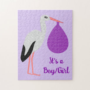 Purple gender neutral Baby Stork Gender Reveal Jigsaw Puzzle