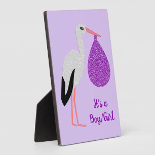 Purple gender neutral Baby Stork Gender Reveal Plaque