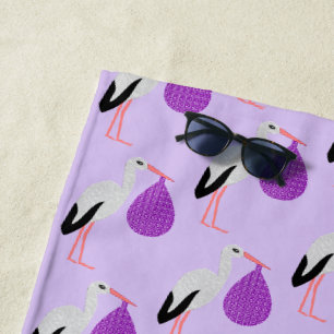 Purple gender neutral Baby Stork Patterned Beach Towel