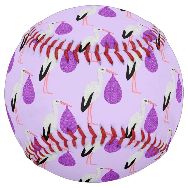 Purple gender neutral Baby Stork Patterned Softball (Front)