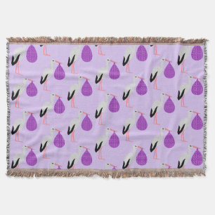 Purple gender neutral Baby Stork Patterned Throw Blanket