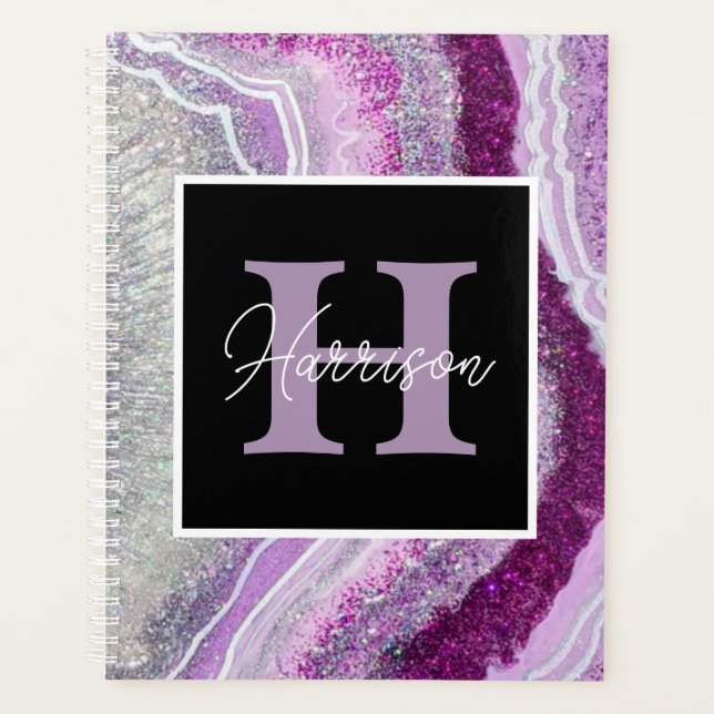 Purple Geode Agate Crystal Monogram Name  Planner (Front)