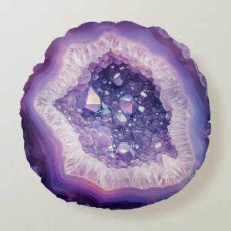 Purple Geode Rock Mineral Agate Crystal Modern Round Cushion