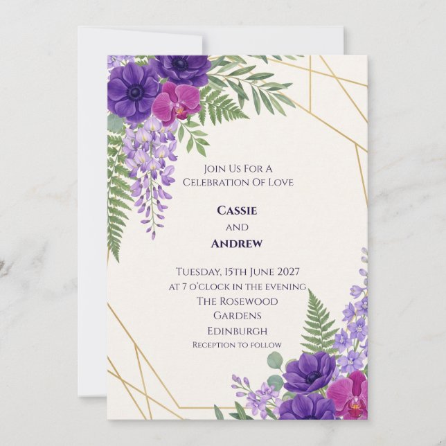 Purple Geometric Floral Wedding Invitation (Front)