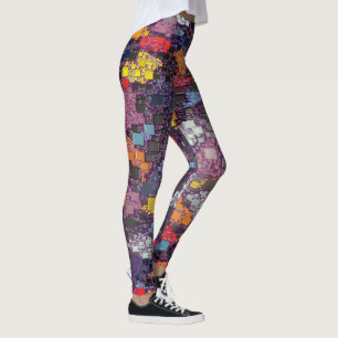 Purple Geometric Outlines Over Colourful Splashes Leggings