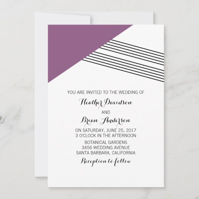 Purple Geometric Stripe Wedding Invite (Front)