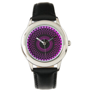 Purple Geometric Woman's Black Leather Strap Watch