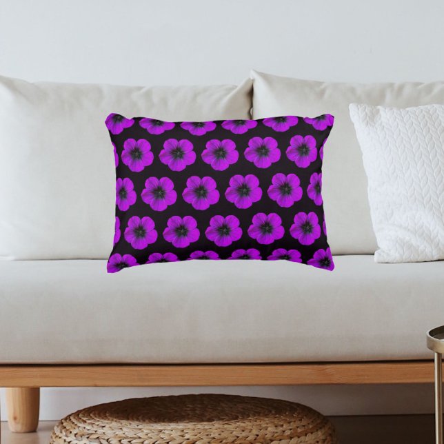 Purple Geranium Black Floral Pattern Decorative Cushion (In Situ Sofa)