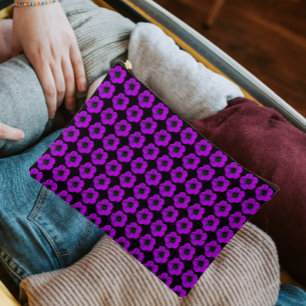 Purple Geranium Floral Pattern on Black Accessory Pouch