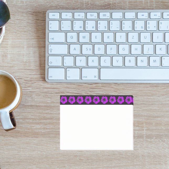 Purple Geranium Floral Pattern on Black Border Post-it Notes (In Situ)