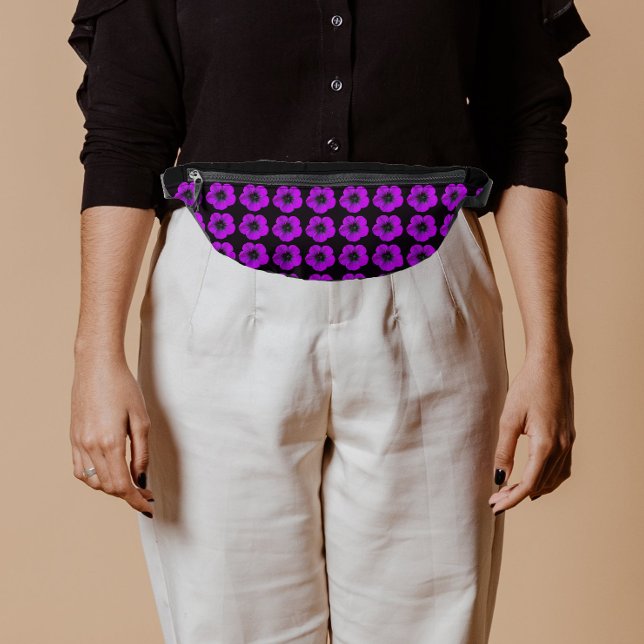 Purple Geranium Floral Pattern on Black Bum Bags (In Situ)