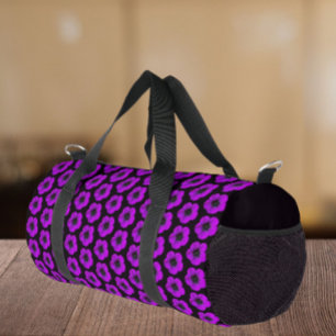Purple Geranium Floral Pattern on Black Duffle Bag