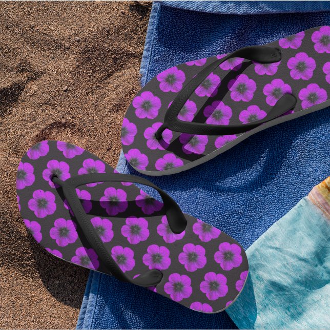 Purple Geranium Floral Pattern on Black Flip Flops (In Situ)