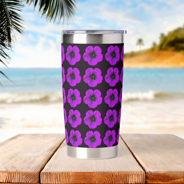 Purple Geranium Floral Pattern on Black Insulated Tumbler (Beach)