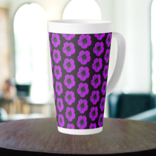 Purple Geranium Floral Pattern on Black Latte Mug