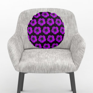 Purple Geranium Floral Pattern on Black Round Cushion