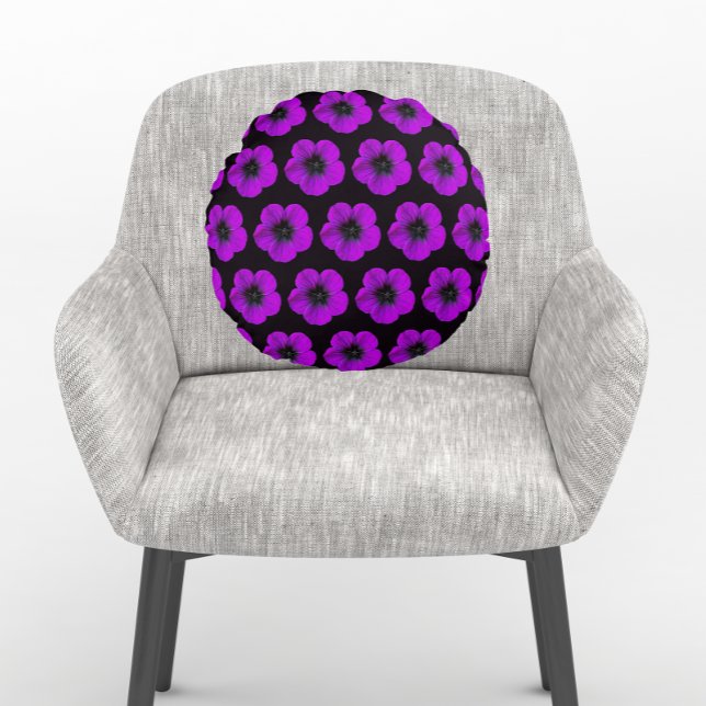 Purple Geranium Floral Pattern on Black Round Cushion (In Situ Chair)