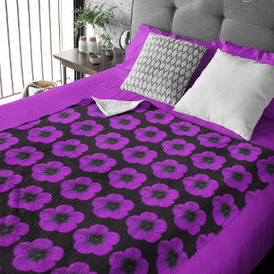 Purple Geranium Floral Pattern on Black Sherpa Blanket