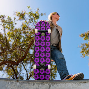 Purple Geranium Floral Pattern on Black Skateboard