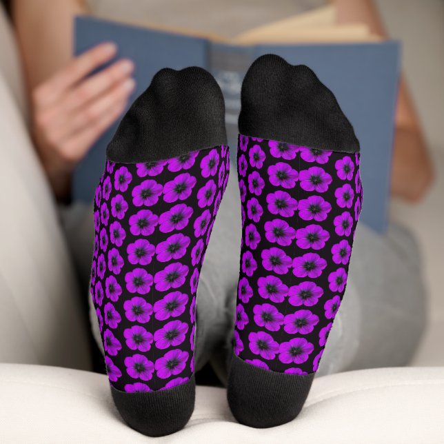 Purple Geranium Floral Pattern on Black Socks (Bottom)