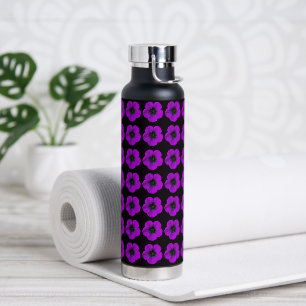 Purple Geranium Floral Pattern on Black Water Bottle