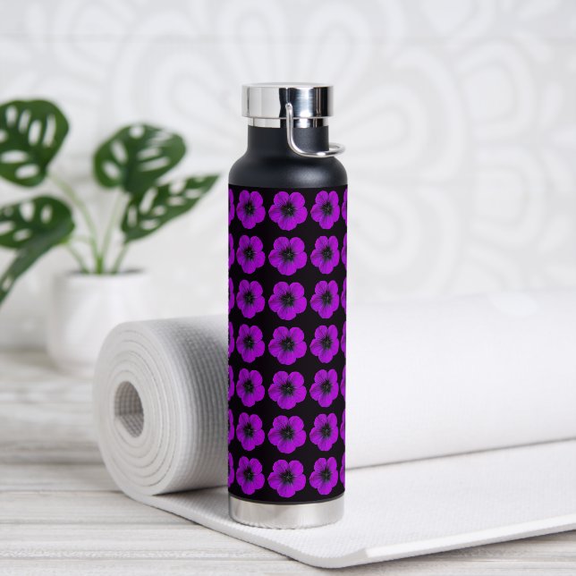 Purple Geranium Floral Pattern on Black Water Bottle (Yoga)