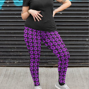 Purple Geranium on Black Floral Pattern Leggings