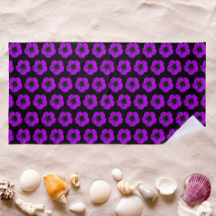 Purple Geranium Pattern on Black Floral Beach Towel