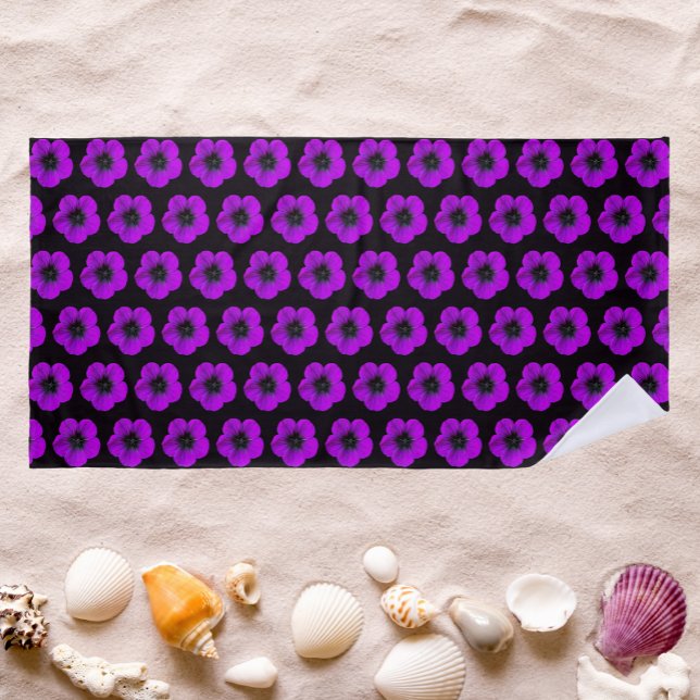 Purple Geranium Pattern on Black Floral Beach Towel (In Situ Beach )
