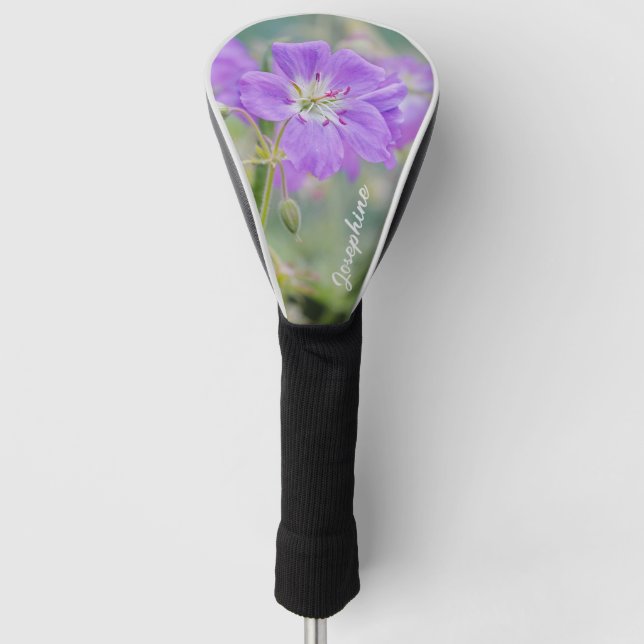 Purple Geranium Wildflower Photo And Custom Name Golf Head Cover (Front)