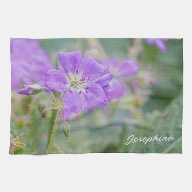 Purple Geranium Wildflower Photo With Custom Name Tea Towel (Horizontal)
